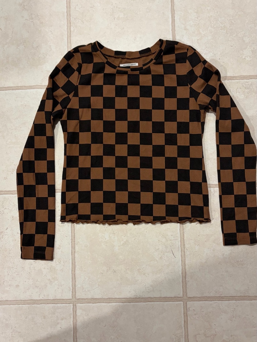Grayson Threads Black and Brown Checkerboard Long-Sleeve Crop Top